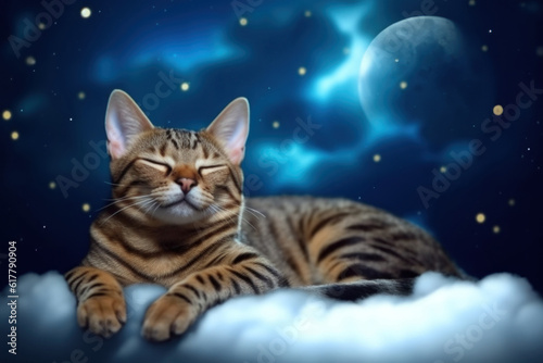 Striped kitten sleeping on a fluffy cloud, starry night sky with a moon on background. AI generative
