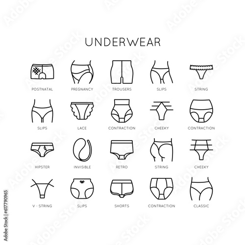 Underwear set icons. Provided thong panties, lace, braces, hipsters, daring, shorts, corrective, classic, invisible.