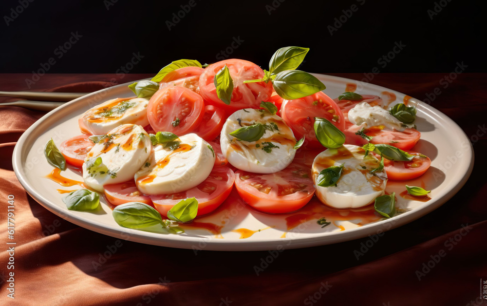Tomatoes, basil, and mozzarella salad on a plate created with Generative AI technology Tomatoes, basil, and mozzarella salad on a plate created with Generative AI technology