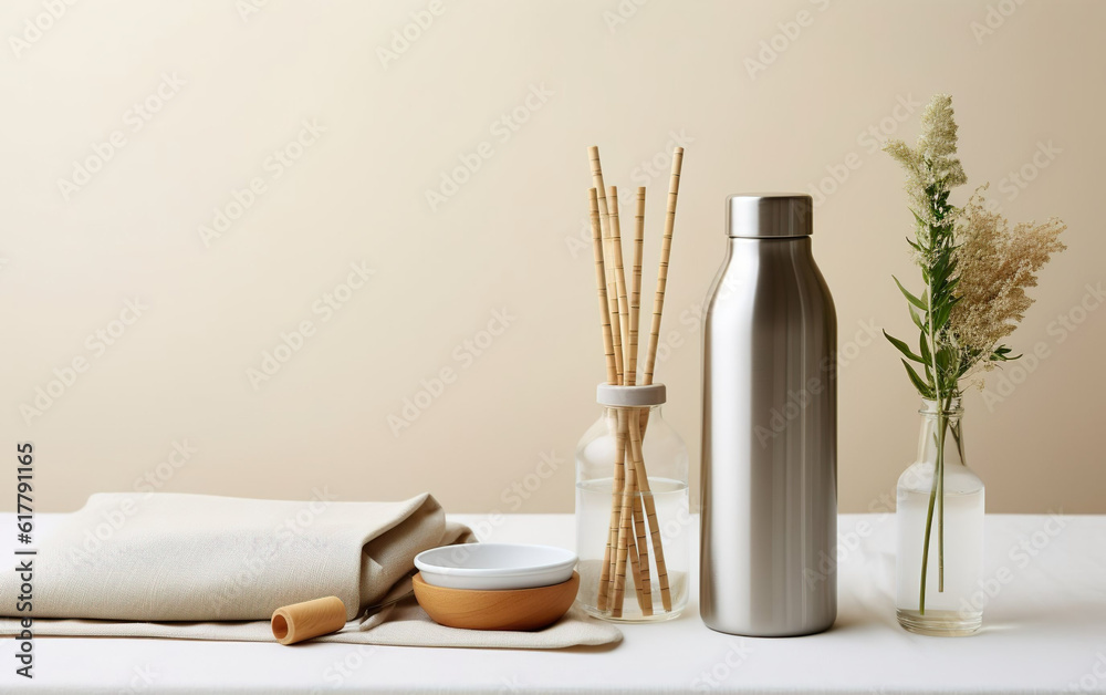 Zero waste lifestyle scene with reusable bottles, cloth napkins, and metal straws created with Generative AI technology Zero waste lifestyle scene with reusable bottles, cloth napkins, and metal straws created with Generative AI technology