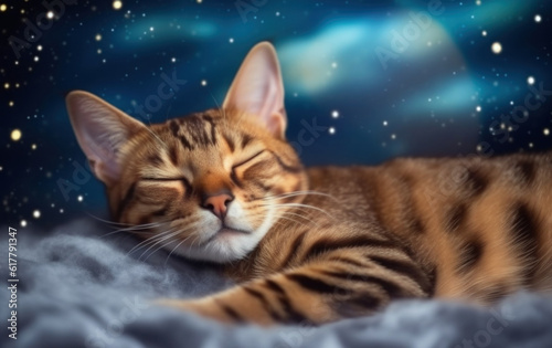 Closeup of striped kitten sleeping on a fluffy cloud, starry night sky on background. AI generative
