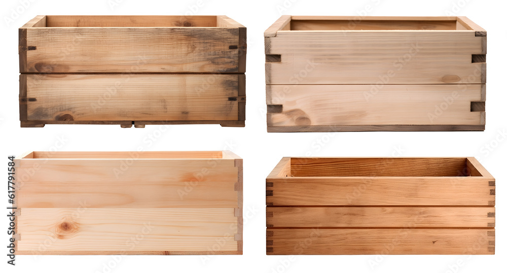 Empty wooden wood crate box on transparent background cutout, PNG file. Mockup template for artwork design. Many assorted different range types
Empty wooden wood crate box on transparent background cutout, PNG file. Mockup template for artwork design. Many assorted different range types
