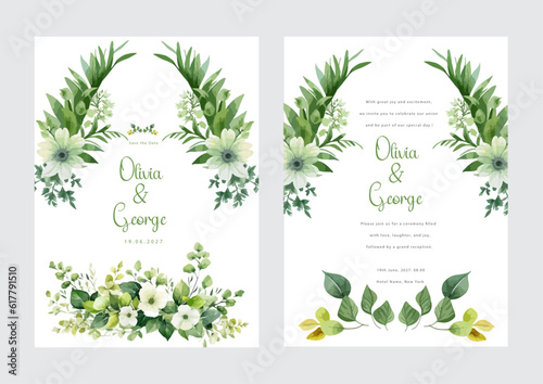 Green leaf with white flower floral vector flower wedding invitation template with aesthetic border watercolor