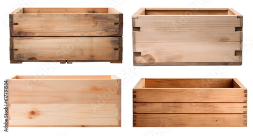 Empty wooden wood crate box on transparent background cutout, PNG file. Mockup template for artwork design. Many assorted different range types	
 photo