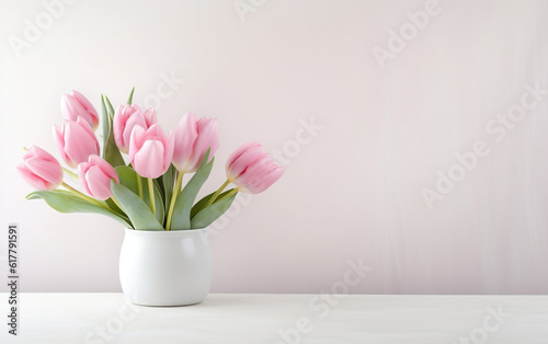 Bunch of pink tulip flowers in a vase created with Generative AI technology