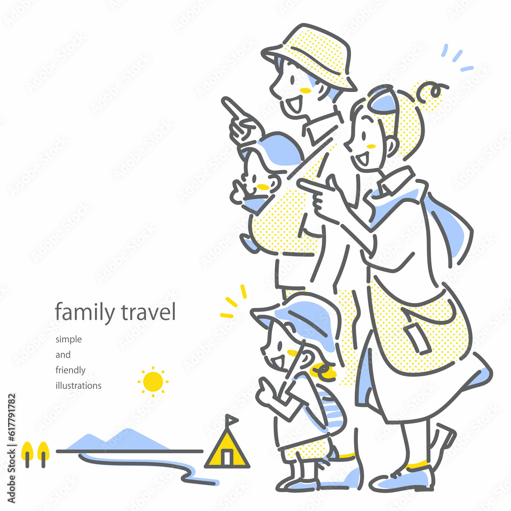 夏休みの家族旅行　ポップでお洒落な線画イラスト