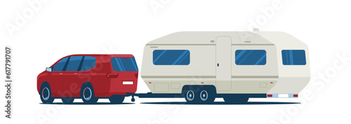 Minivan towing trailer camper. Vector illustration.