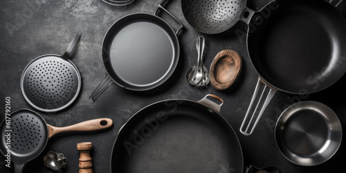 Kitchen utensils and pans background, top view 