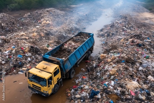 Garbage pile in trash dump or junkyard, Aerial view garbage metal truck unload garbage consumption junkyard scarp, Global warming . Generative AI