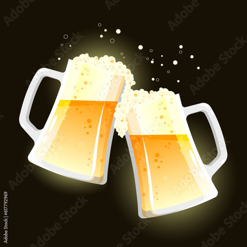 Two beer mugs filled with foamy light beer with bubbles isolated on a dark background