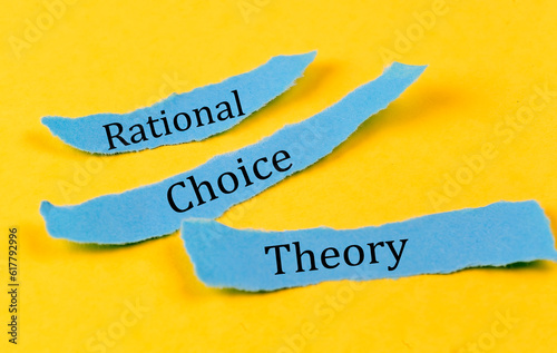 RATIONAL CHOICE THEORY text on a blue pieces of paper on yellow background, business concept