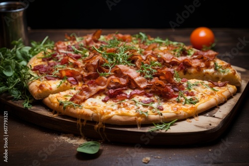  A bacon pizza served on a pizza board. Generative AI