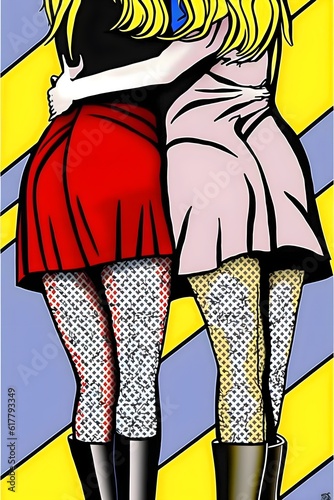 attractive 2 female model hug each other and they love each other miniskirt thigh high stockingsfishnet stockhing beautiful thighs attractive legs Roy Lichtenstein style 