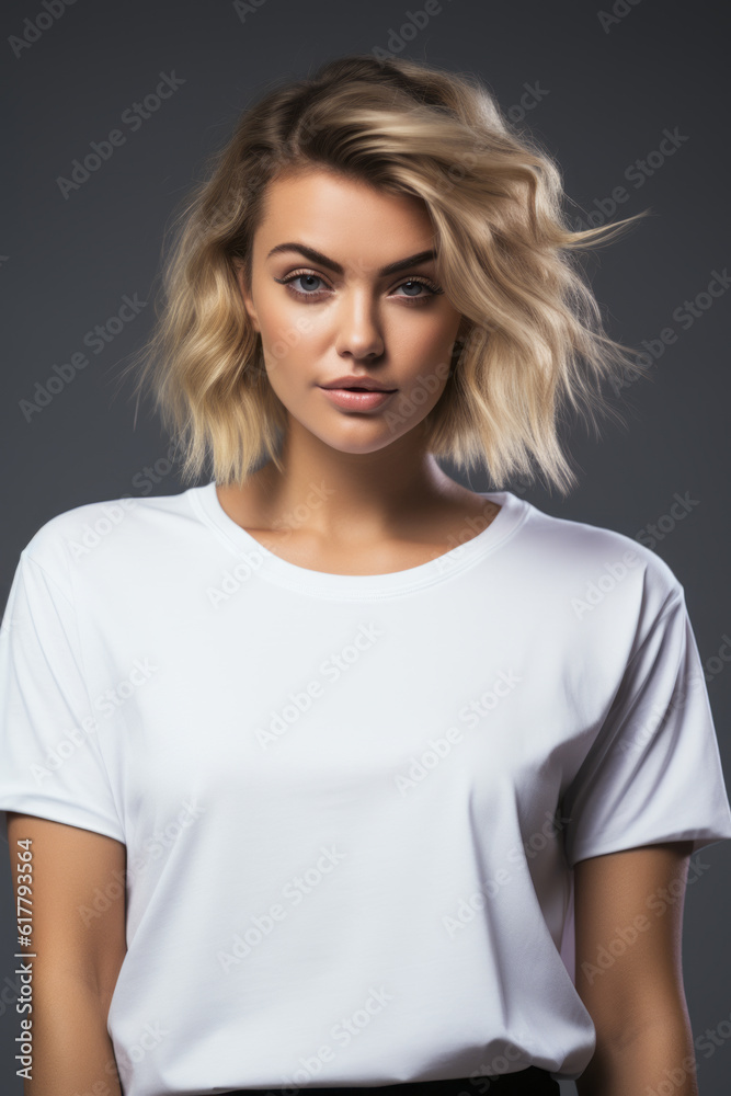 Beautiful female model in a perfectly fitted plain white t-shirt. Beautiful female model in a perfectly fitted plain white t-shirt.