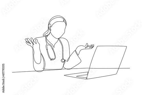 Continuous one line drawing Online doctor and telemedicine concept. Single line draw design vector graphic illustration.
