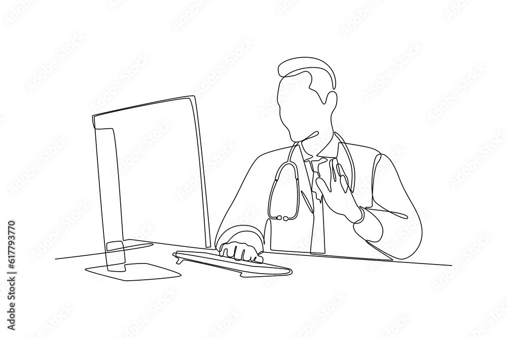 Continuous one line drawing Online doctor and telemedicine concept. Single line draw design vector graphic illustration. Continuous one line drawing Online doctor and telemedicine concept. Single line draw design vector graphic illustration.