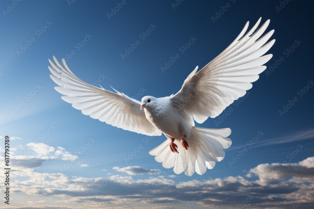 Fototapeta premium White dove flying blue sky background. Generative AI