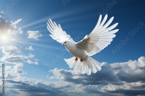 White dove flying blue sky background. Generative AI
