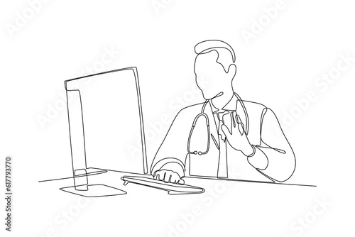 Continuous one line drawing Online doctor and telemedicine concept. Single line draw design vector graphic illustration.