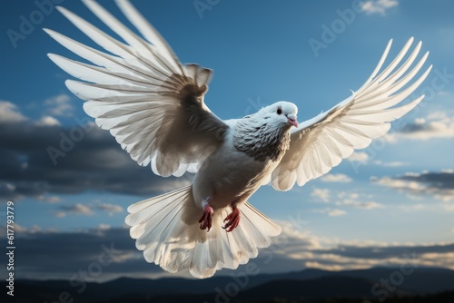 White dove flying  blue sky background. Generative AI © thawats