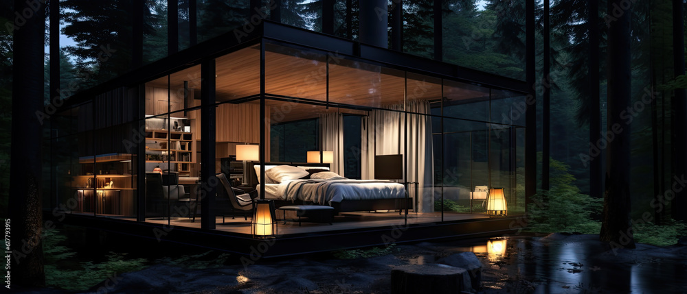 Modern cabin house in deep forest, Modern luxury villa exterior in minimal style for luxury glamping with luxury villa exterior in minimal style, Generative AI Modern cabin house in deep forest, Modern luxury villa exterior in minimal style for luxury glamping with luxury villa exterior in minimal style, Generative AI