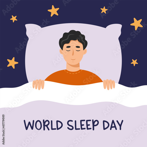World sleep day concept. Man sleeping under the blanket with stars in the night sky around. Vector illustration.