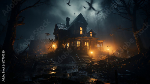 Haunted house with broken windows and cobwebs, surrounded by fog and bats on a spooky Halloween night.