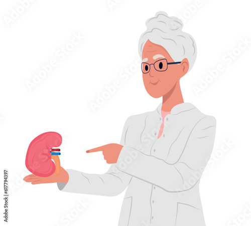 Nephrologist elderly family doctor, kidneys issues. World Day of Organ Donation and Transplantation.World Kidney Day. Concept of treatment of kidney diseases, kidney transplantation or organ donation.