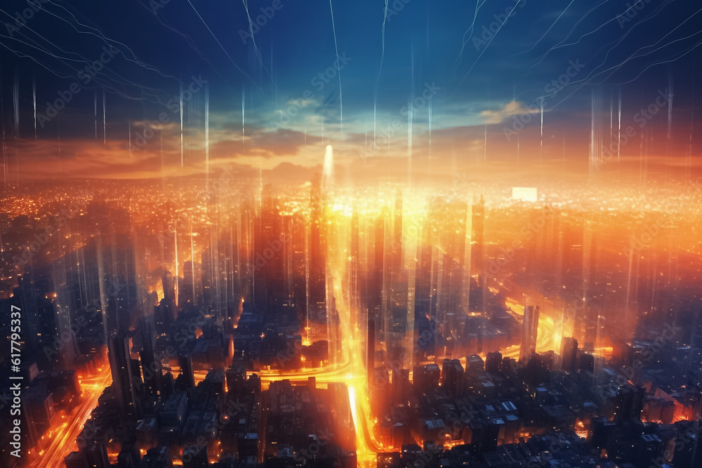 Obraz premium digital painting of the bustling city illuminated by a radiant tapestry of lights, showcasing its vibrant spirit and endless possibilities. generative AI.