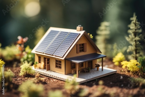 Tiny house miniature. Wooden house with solar panels in green enviroment. Sustainable friendly housing, ecology photovoltaic concept, eco friendly home.