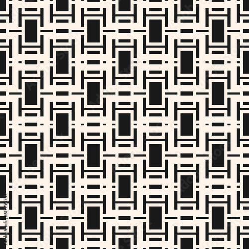 Simple black and white geometric seamless pattern. Vector abstract texture with grid, lines, squares, rectangles, stripes. Modern monochrome background. Geo ornament. Repeat design for decor, print