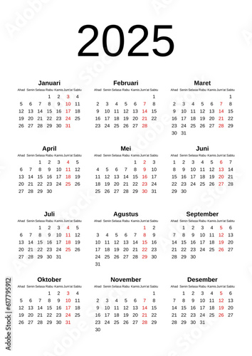2025 Calendar year vector illustration. The week starts on Sunday. Annual calendar 2025 template. Calendar design in black and white colors, Friday in red colors. Vector, made with Inkscape