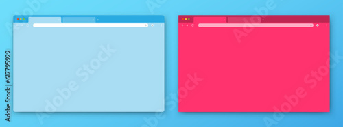 Browser windows. A set of realistic empty blue and pink browser windows with a toolbar, a search bar and a shadow on a blue gray background. 