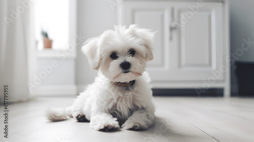 Cute white Maltese dog lies on the white floor in a light home interior. Ai generative.