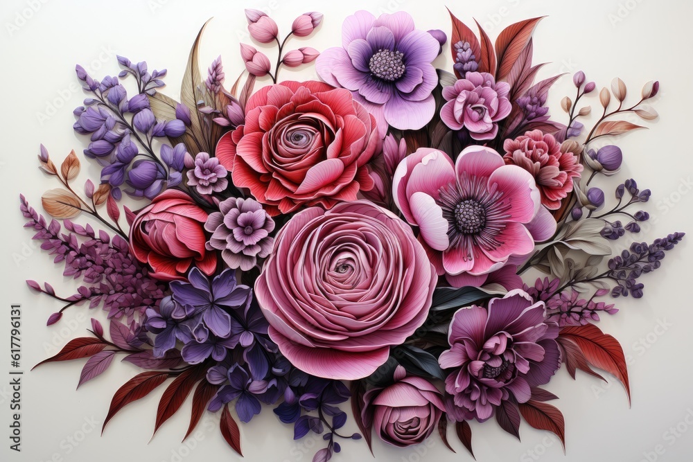 Botanical purple and red flower watercolor bouquet elegance blooming. Generative AI Botanical purple and red flower watercolor bouquet elegance blooming. Generative AI
