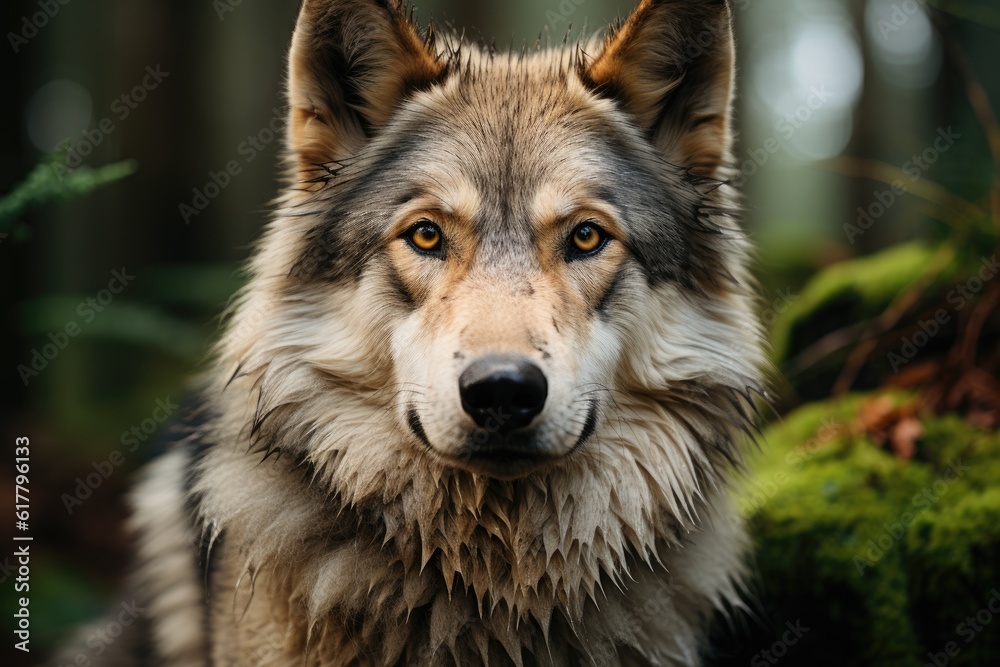 A large male gray wolf in the forest. Generative AI