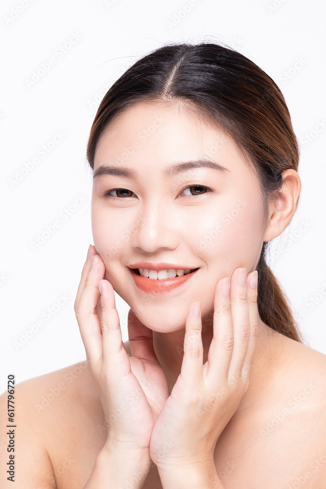 Beautiful Asian woman touching soft cheek smile with clean and fresh skin Happiness and cheerful with positive emotional,isolated on white background,Beauty Self Care and Cosmetics Concept Beautiful Asian woman touching soft cheek smile with clean and fresh skin Happiness and cheerful with positive emotional,isolated on white background,Beauty Self Care and Cosmetics Concept