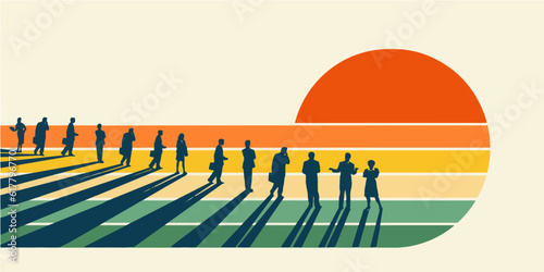 A business team of employees and managers is seen with a graphic sunset design that casts shadows of the team. This is isolated on the background.