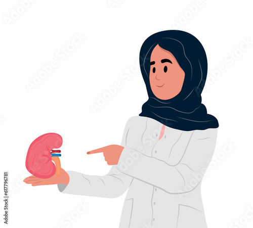 Nephrologist muslim female doctor , kidneys issues. World Day of Organ Donation and Transplantation.World Kidney Day. Concept of treatment of kidney diseases, kidney transplantation or organ donation.