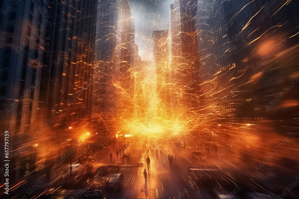 the golden luminous force surrounding the night downtown city, an overwhelming mystery power that transforms the urban landscape into a breathtaking spectacle of light, Generative AI.
