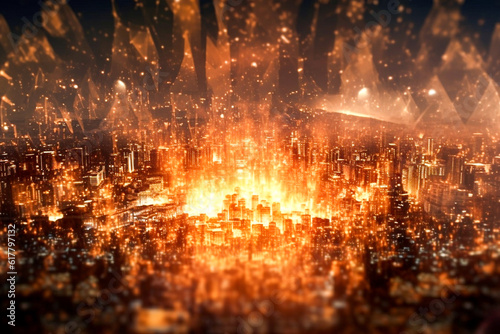 the golden luminous force surrounding the night downtown city  an overwhelming mystery power that transforms the urban landscape into a breathtaking spectacle of light  Generative AI.