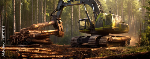 The harvester working in a forest. Agriculture and forestry wood concept. generative ai