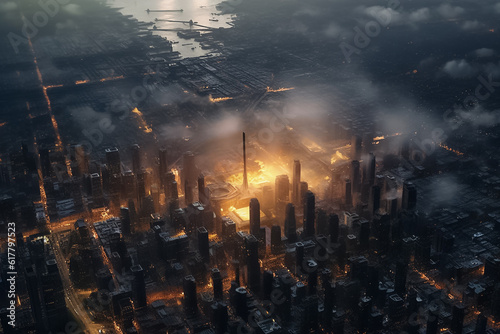 Aerial view captures the enchanting allure of a fantasy city, adorned with captivating dark and golden lights, creating a mesmerizing and ethereal atmosphere. Generative AI.
