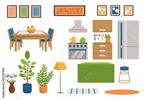 Set of furniture and interior stuff. Kitchen. Vector graphic.