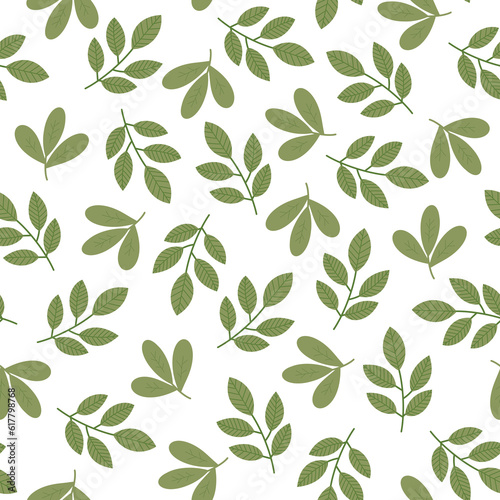 Green leaf seamless pattern. Fresh herbal allover print. Hand drawn leaves on white background