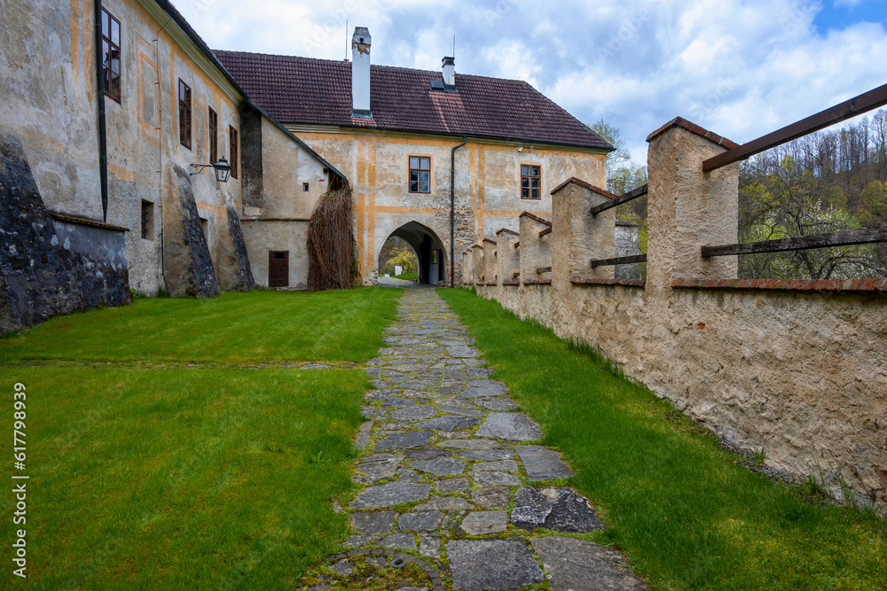Part of monastery Zlata Koruna, building, backyard and gate.