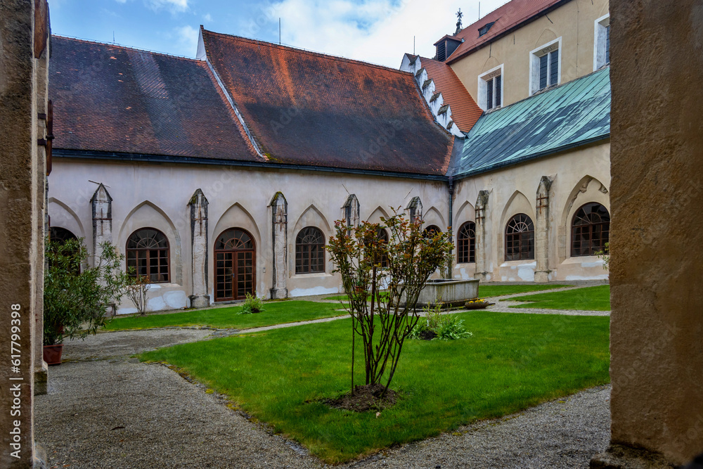 Rose garden, courtyard and buildings in monastery Zlata Koruna.