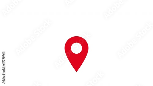 Red map pin, animation of appearance, fall and bounce on white background photo