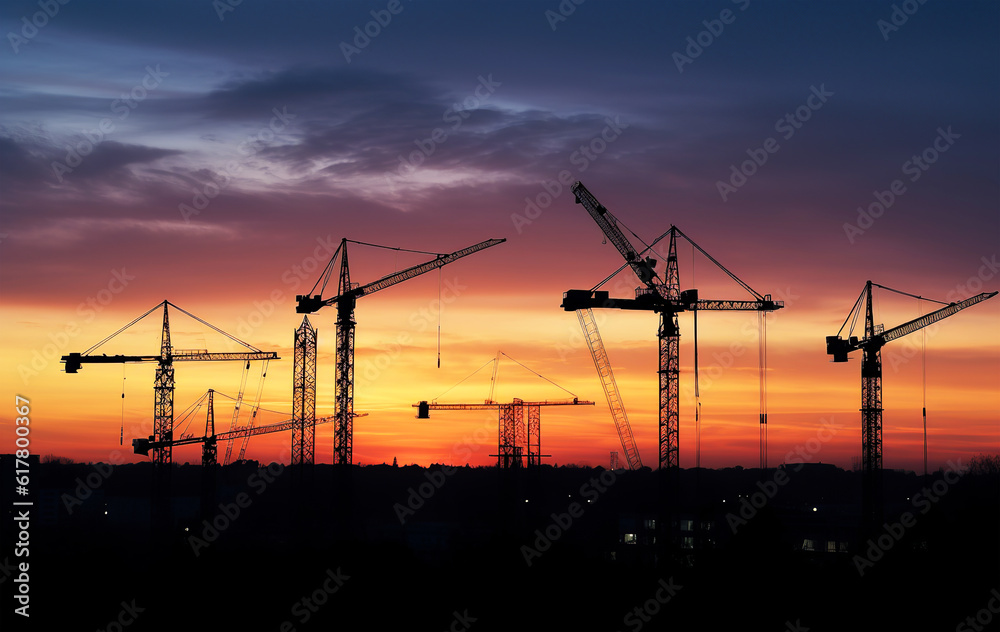 Fototapeta premium Construction cranes silhouette with sunset in the background. Generative AI.
