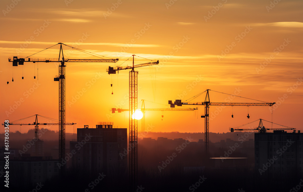 Construction cranes silhouette with sunset in the background. Generative AI.